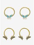 Steel Gold Butterfly Wings Captive Hoop & Circular Barbell 4 Pack, GOLD, hi-res