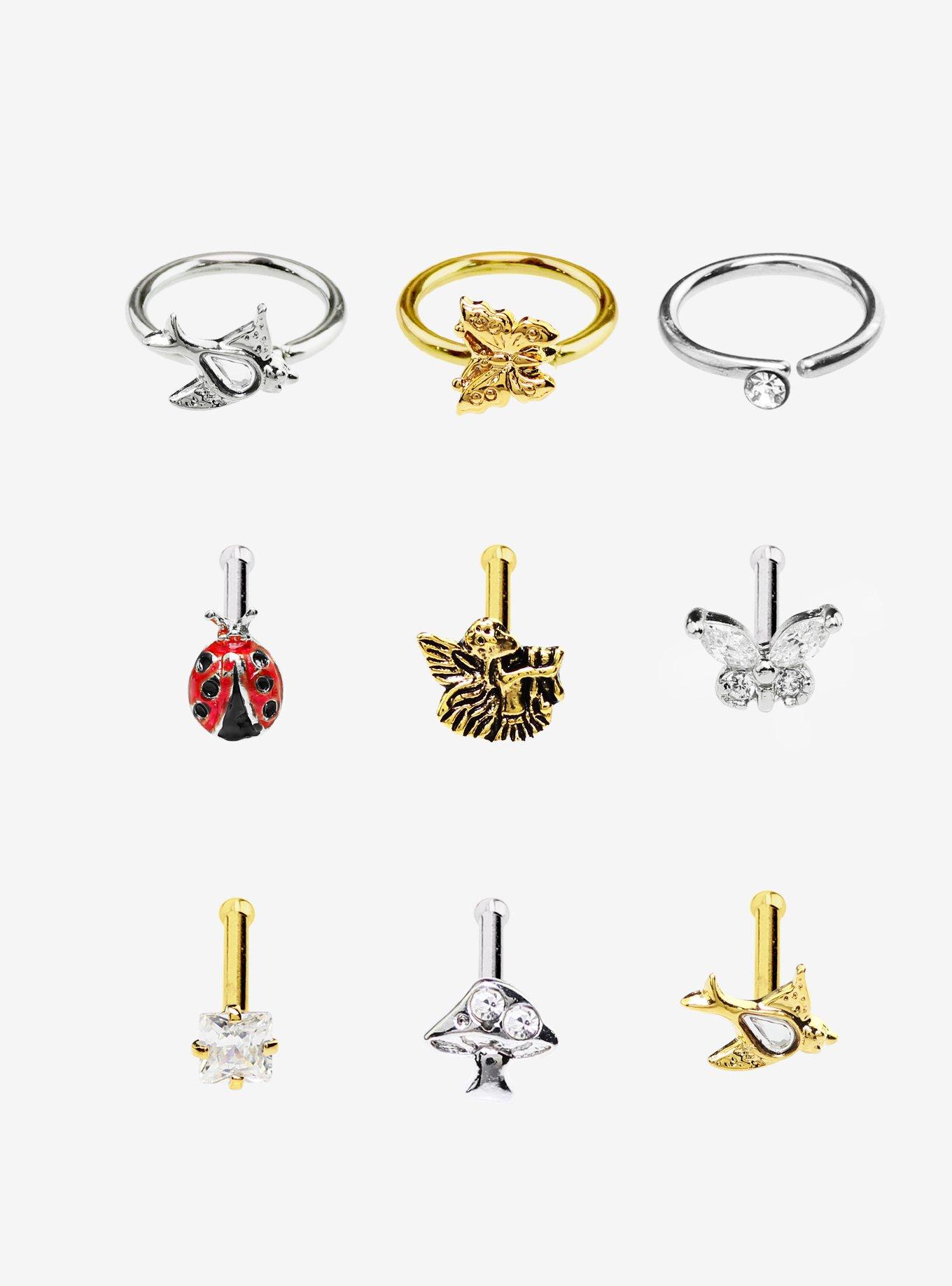 Steel Cottagecore Forest Nose Stud & Hoop 9 Pack, MULTI, hi-res
