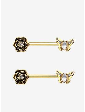 Steel Gold Butterfly Nipple Barbell 2 Pack, , hi-res
