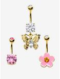 14G Steel Gold Butterfly Floral Navel Barbell 3 Pack, , hi-res