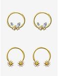 Steel Gold Iridescent Butterfly Daisy Captive Hoop & Circular Barbell 4 Pack, GOLD, hi-res