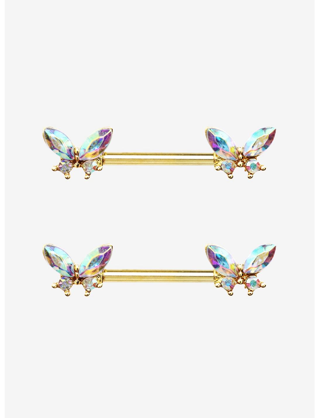 14G Steel Sparkly Butterfly Nipple Barbell 2 Pack, , hi-res