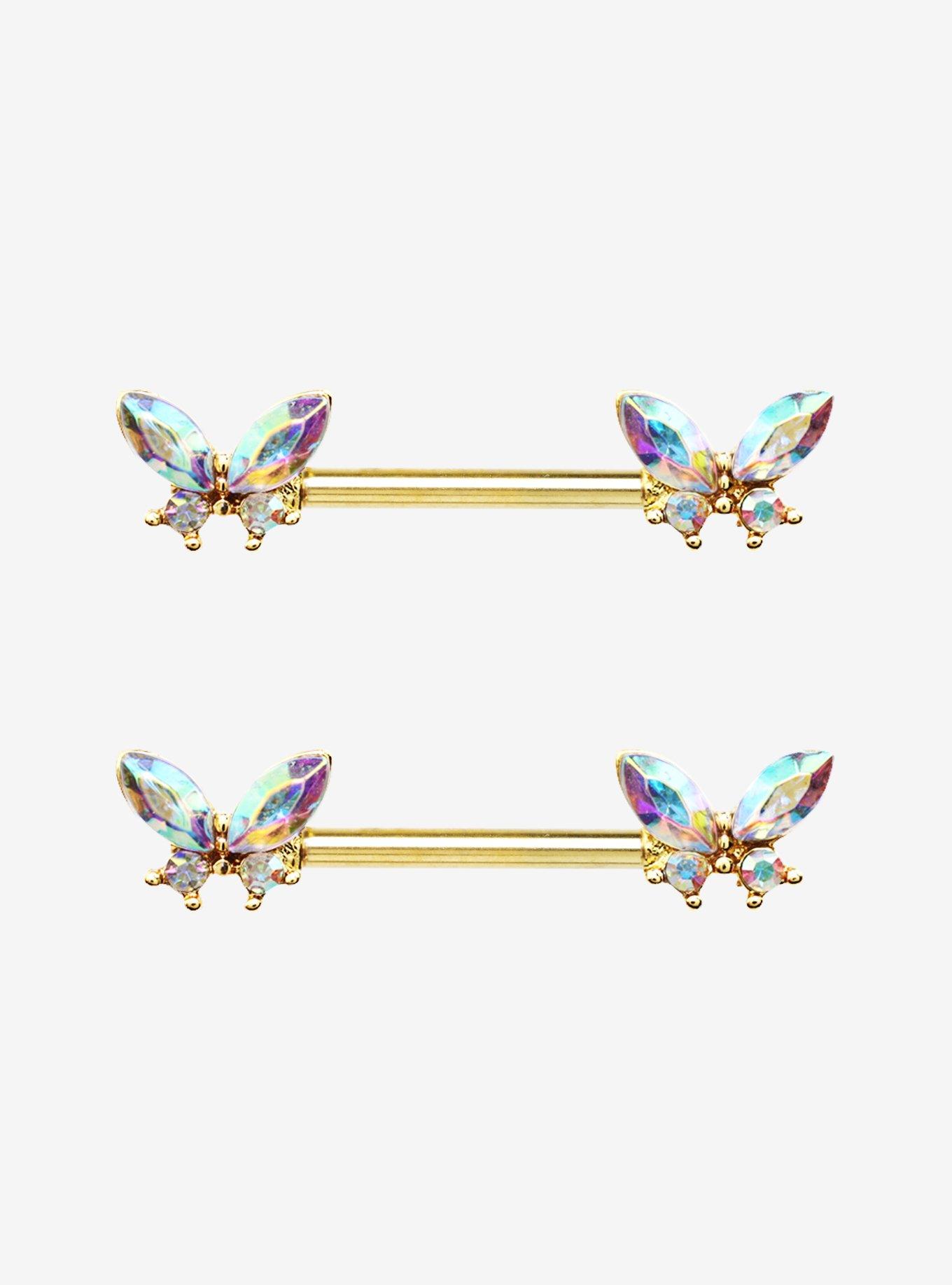 14G Steel Sparkly Butterfly Nipple Barbell 2 Pack, , hi-res