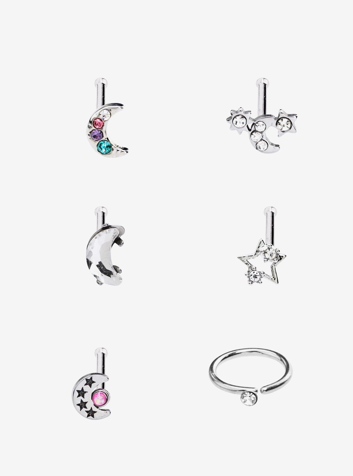Steel Silver Moon Star Nose Stud & Hoop 6 Pack, SILVER, hi-res