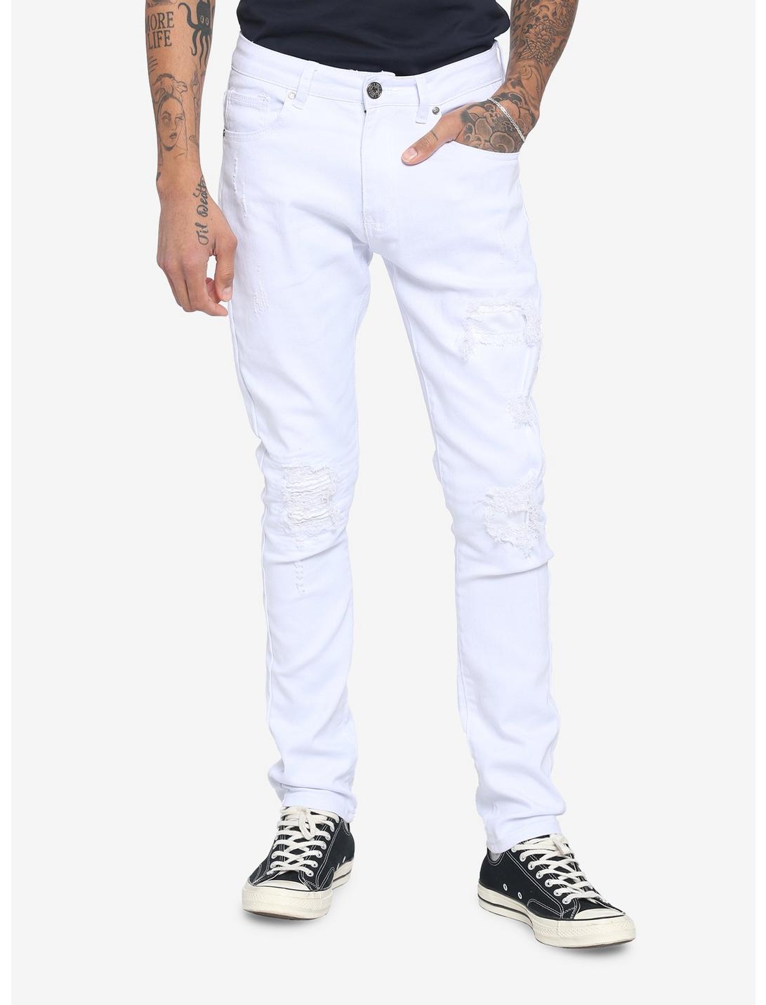 White Destroyed Denim Jeans, BLACK  IVORY, hi-res