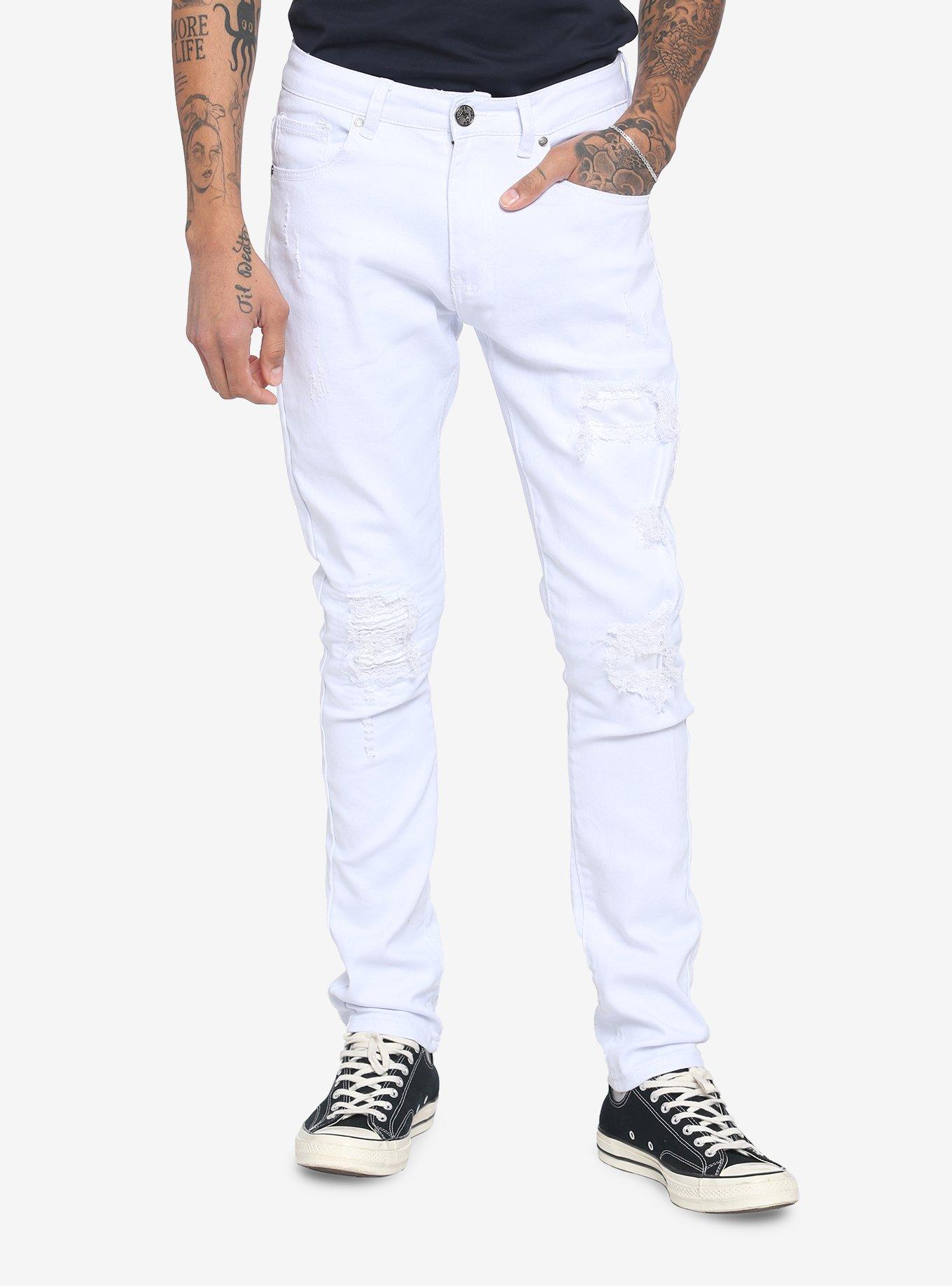 White Destroyed Denim Jeans, BLACK  IVORY, hi-res
