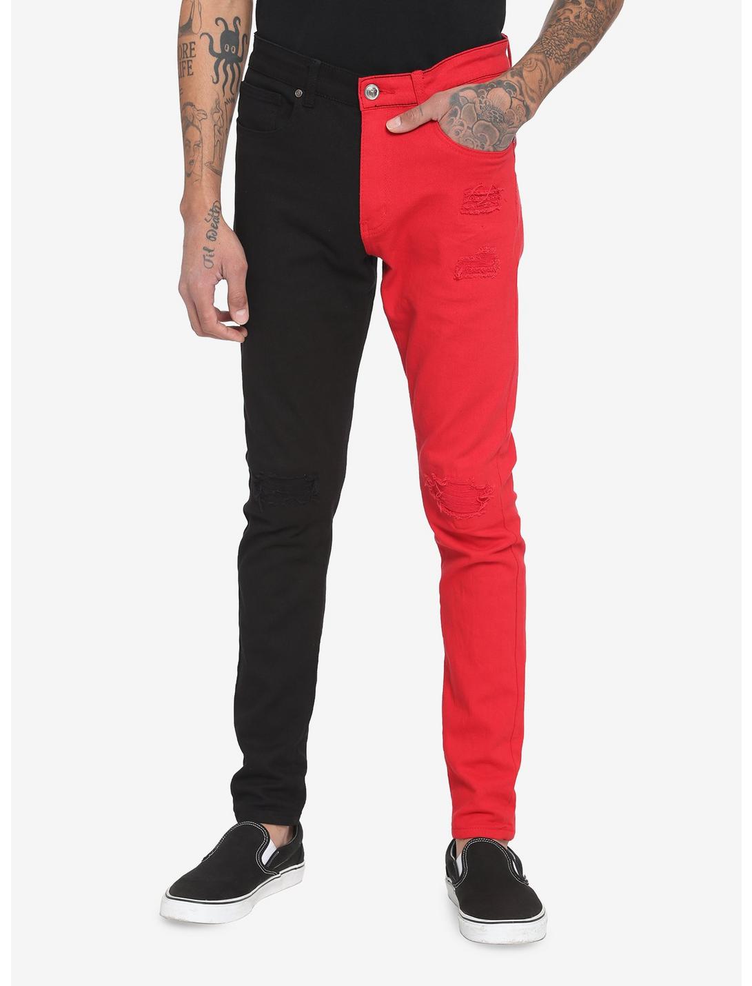 Red & Black Distressed Split-Leg Skinny Jeans, BLACK  RED, hi-res