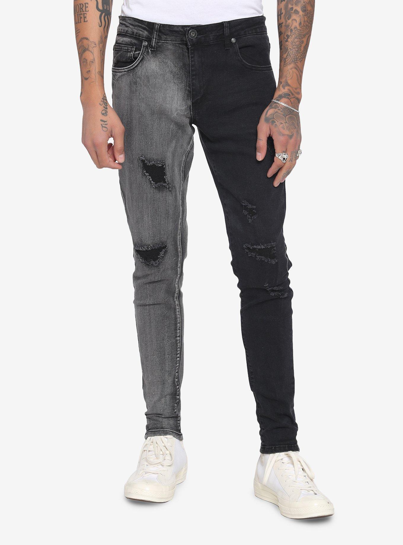 Black & Grey Wash Split Leg Skinny Jeans, BLACK, hi-res