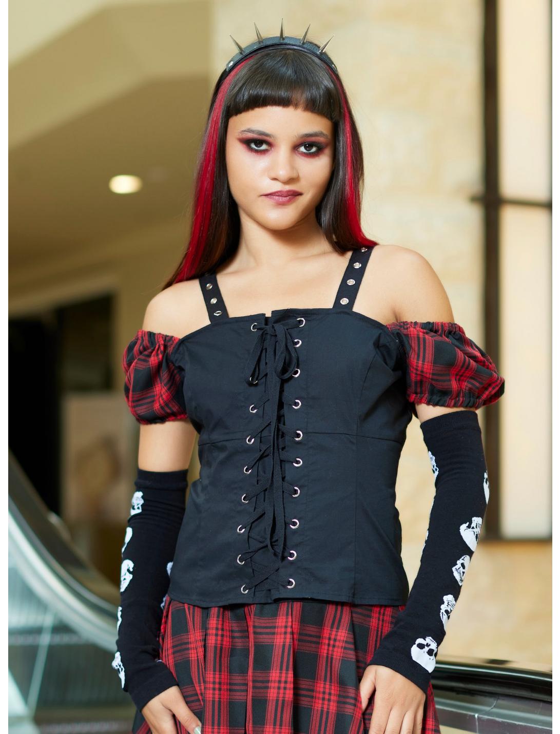 Black & Red Plaid Girls Woven Lace-Up Top, PLAID - RED, hi-res