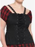 Black & Red Plaid Girls Woven Lace-Up Top Plus Size, PLAID - RED, hi-res