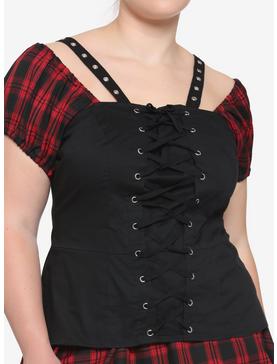 Black & Red Plaid Girls Woven Lace-Up Top Plus Size, , hi-res