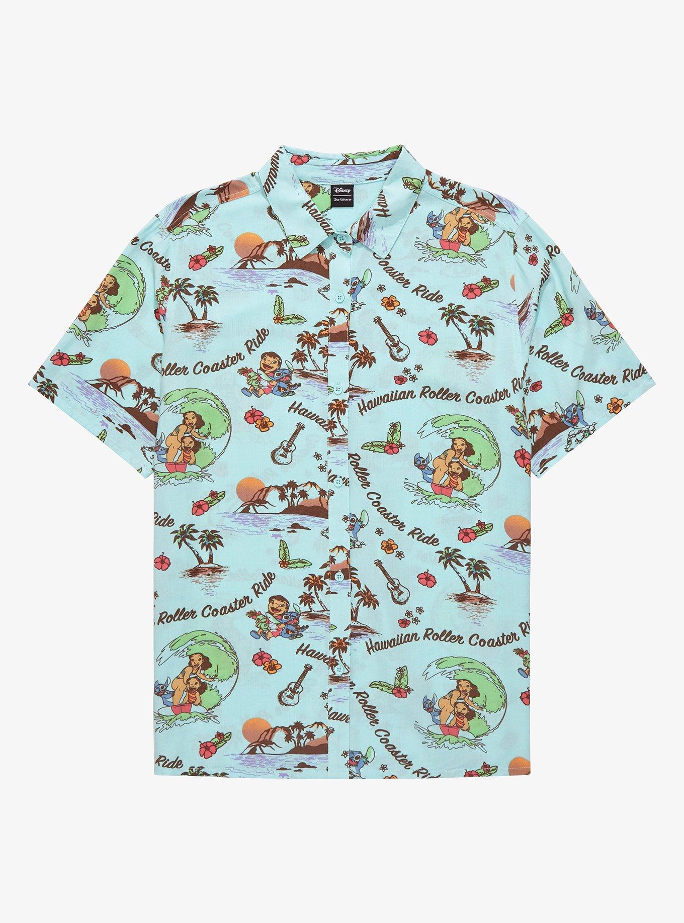 Our Universe Disney Lilo & Stitch Hawaiian Roller Coaster Ride Plus Size Woven Button-Up, LIGHT BLUE, hi-res