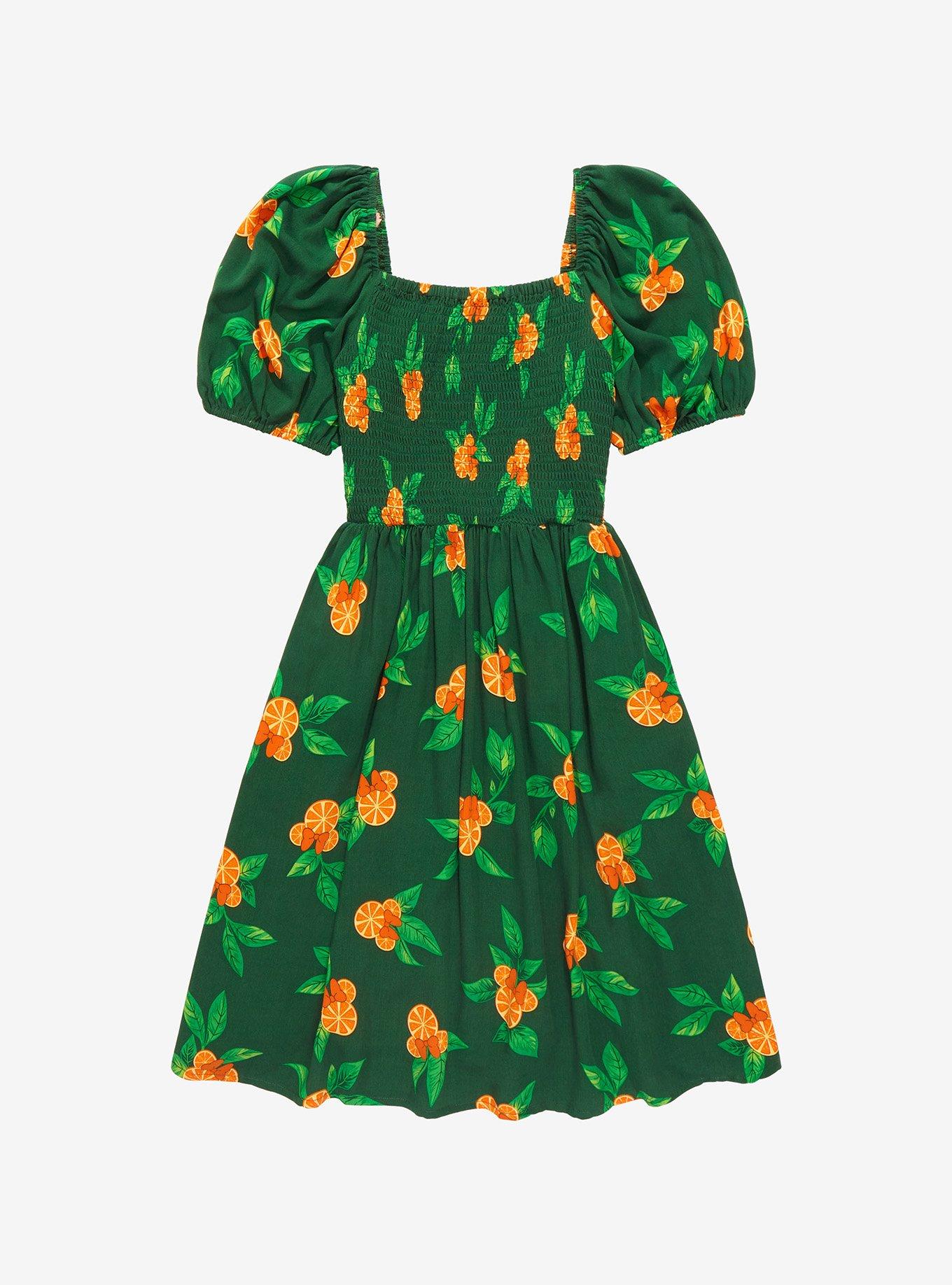 Her Universe Disney Minnie Mouse Orange Allover Print Smocked Dress - BoxLunch Exclusive, GREEN, hi-res