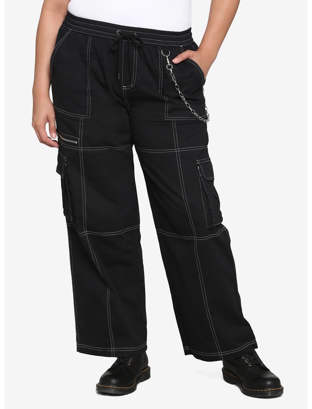 Black & White Stitch Chain Carpenter Pants Plus Size, BLACK  WHITE, hi-res