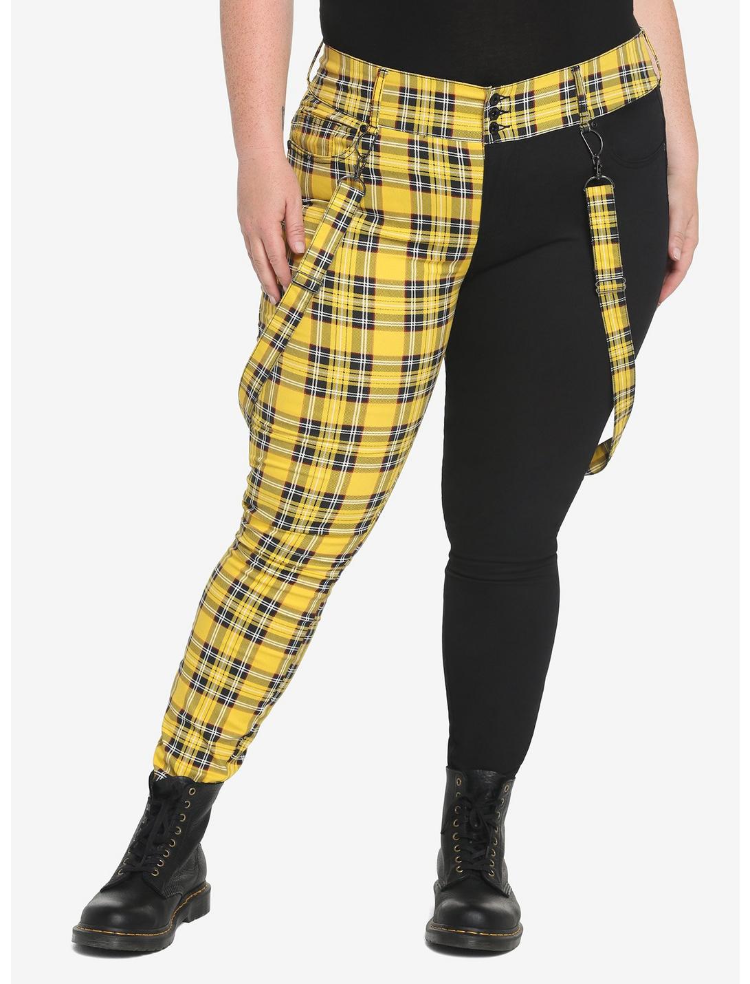 Black & Yellow Plaid Split Suspender Skinny Jeans Plus Size, BLACK, hi-res