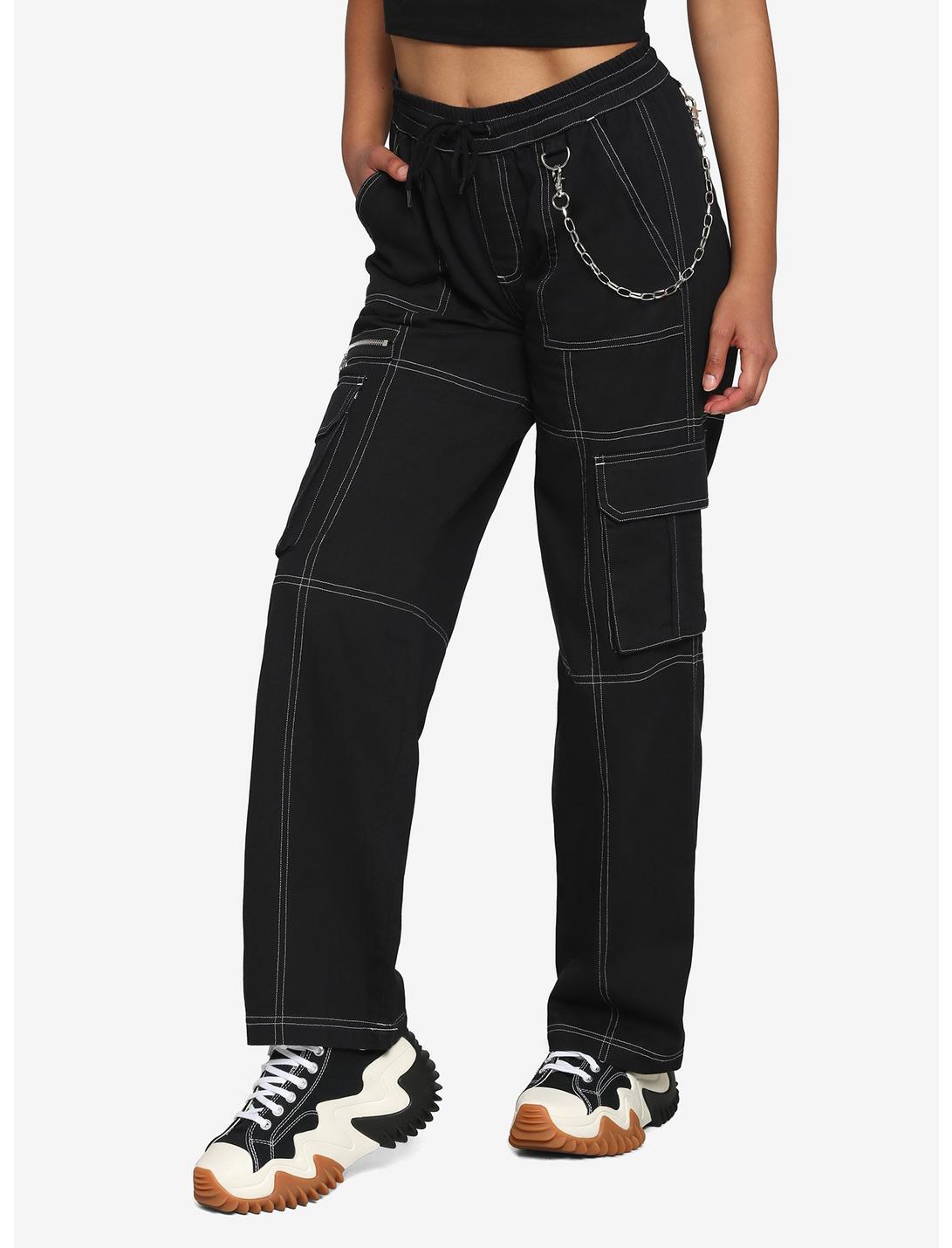 Black & White Stitch Chain Carpenter Pants, BLACK  WHITE, hi-res