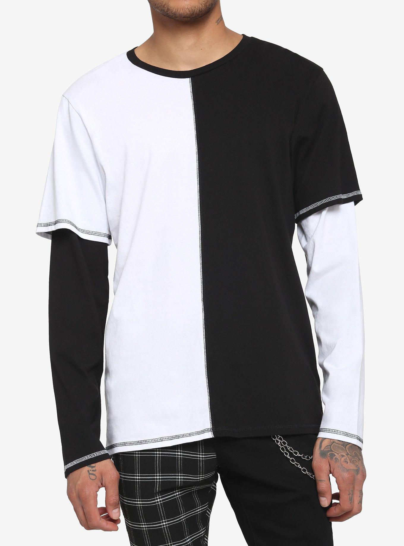 White t shirt over black store long sleeve