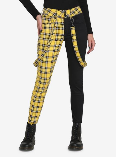 Black & Yellow Plaid Split Suspender Skinny Jeans | Hot Topic