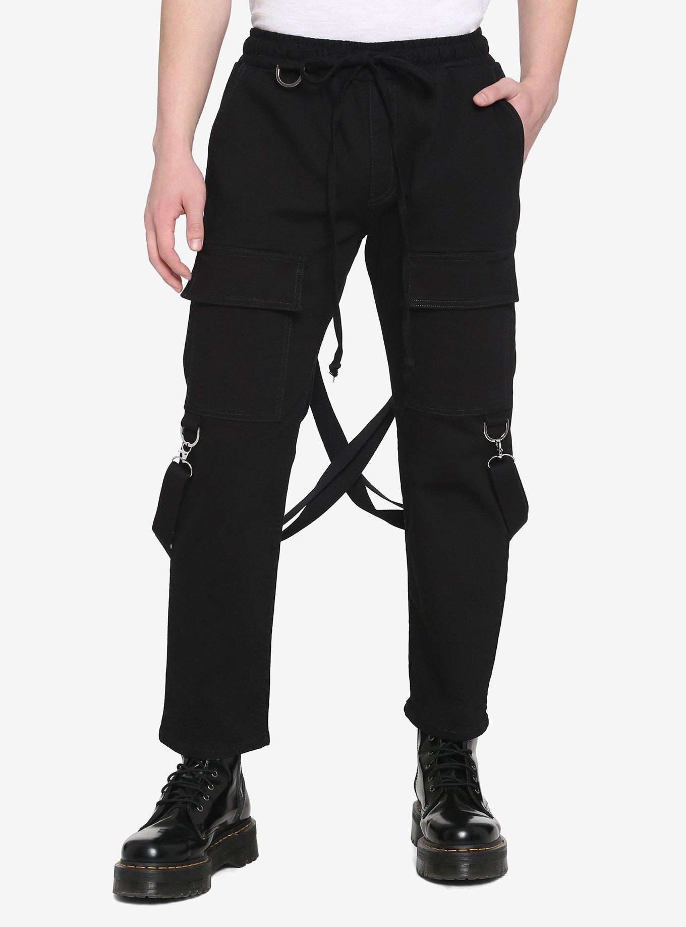 Black Suspender Wide Leg Cargo Pants, BLACK, hi-res