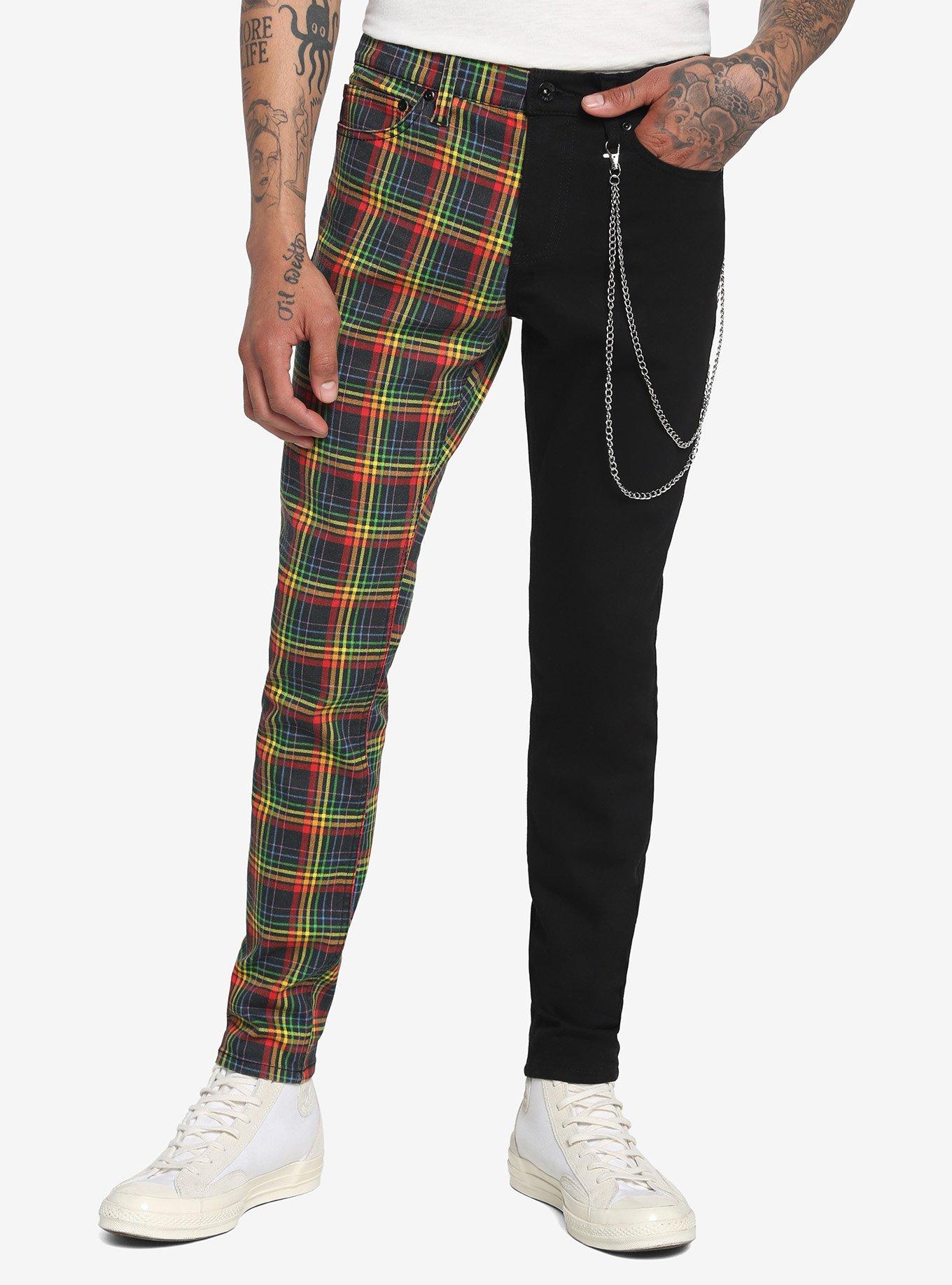 Black & Rainbow Plaid Split Chain Stinger Jeans | Hot Topic