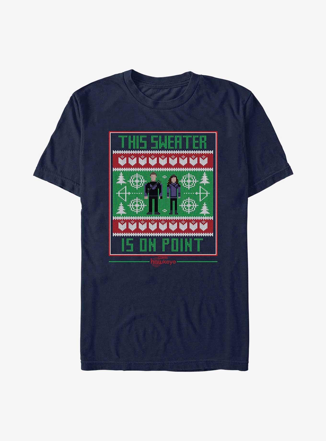 Marvel Hawkeye This Holiday Sweater Is On Point T-Shirt, NAVY, hi-res