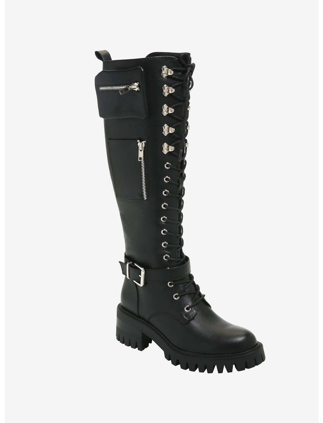 Lace-Up Pouch Knee-High Combat Boots, MULTI, hi-res