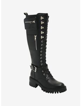 Lace-Up Pouch Knee-High Combat Boots, , hi-res
