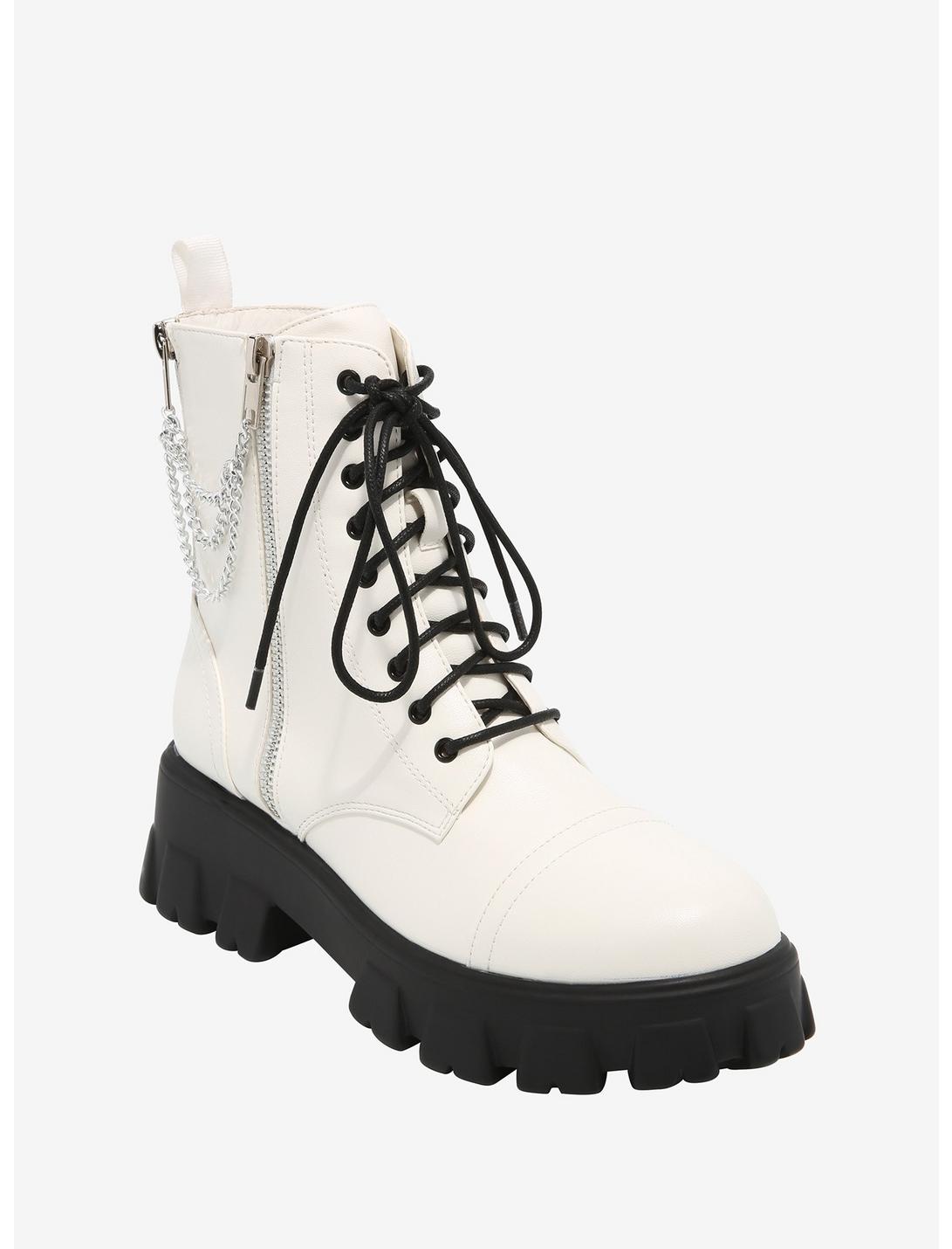 White & Black Double Chain Combat Boots | Hot Topic