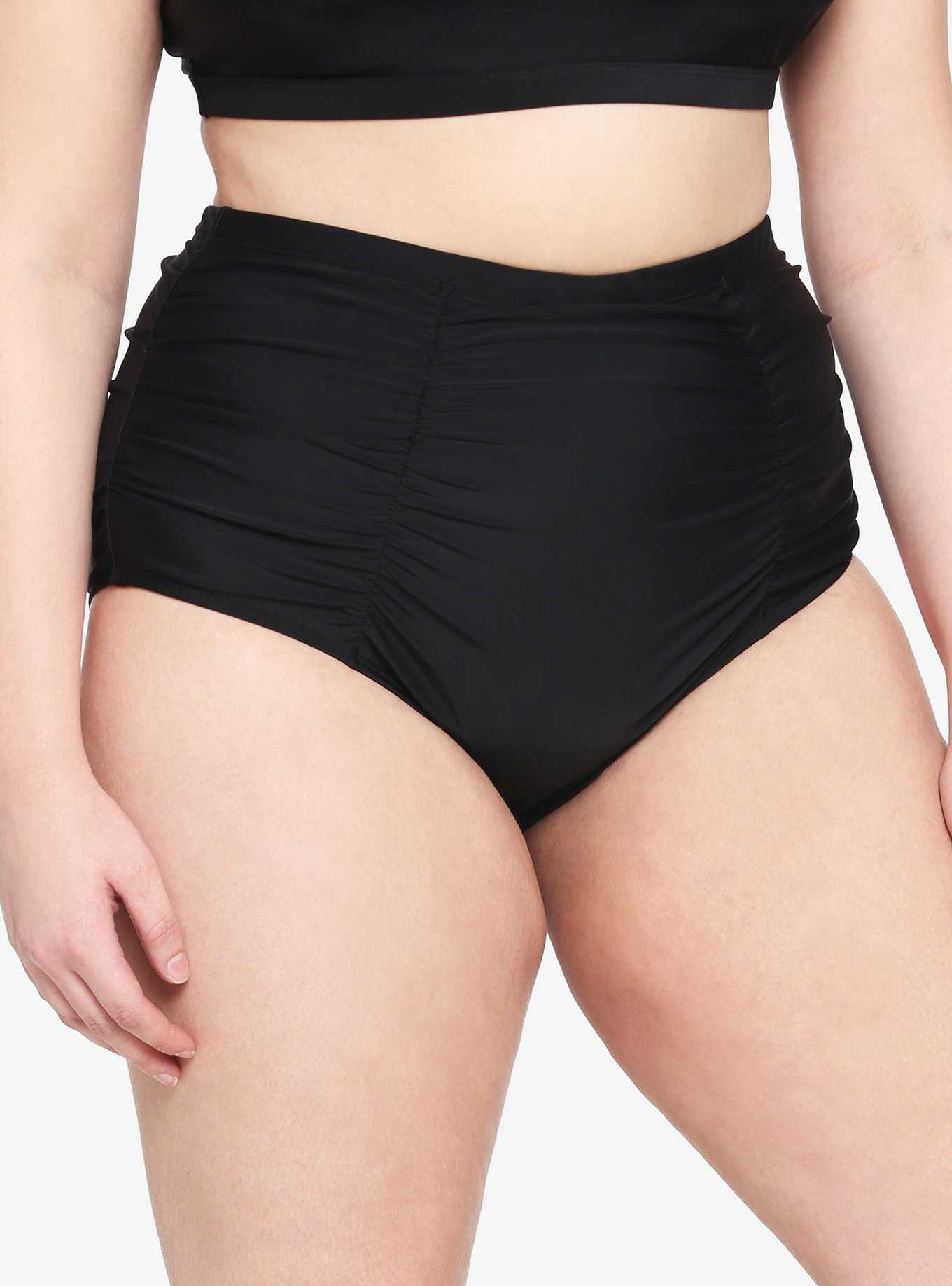 Black Ruched High-Waisted Swim Bottoms Plus Size, , hi-res