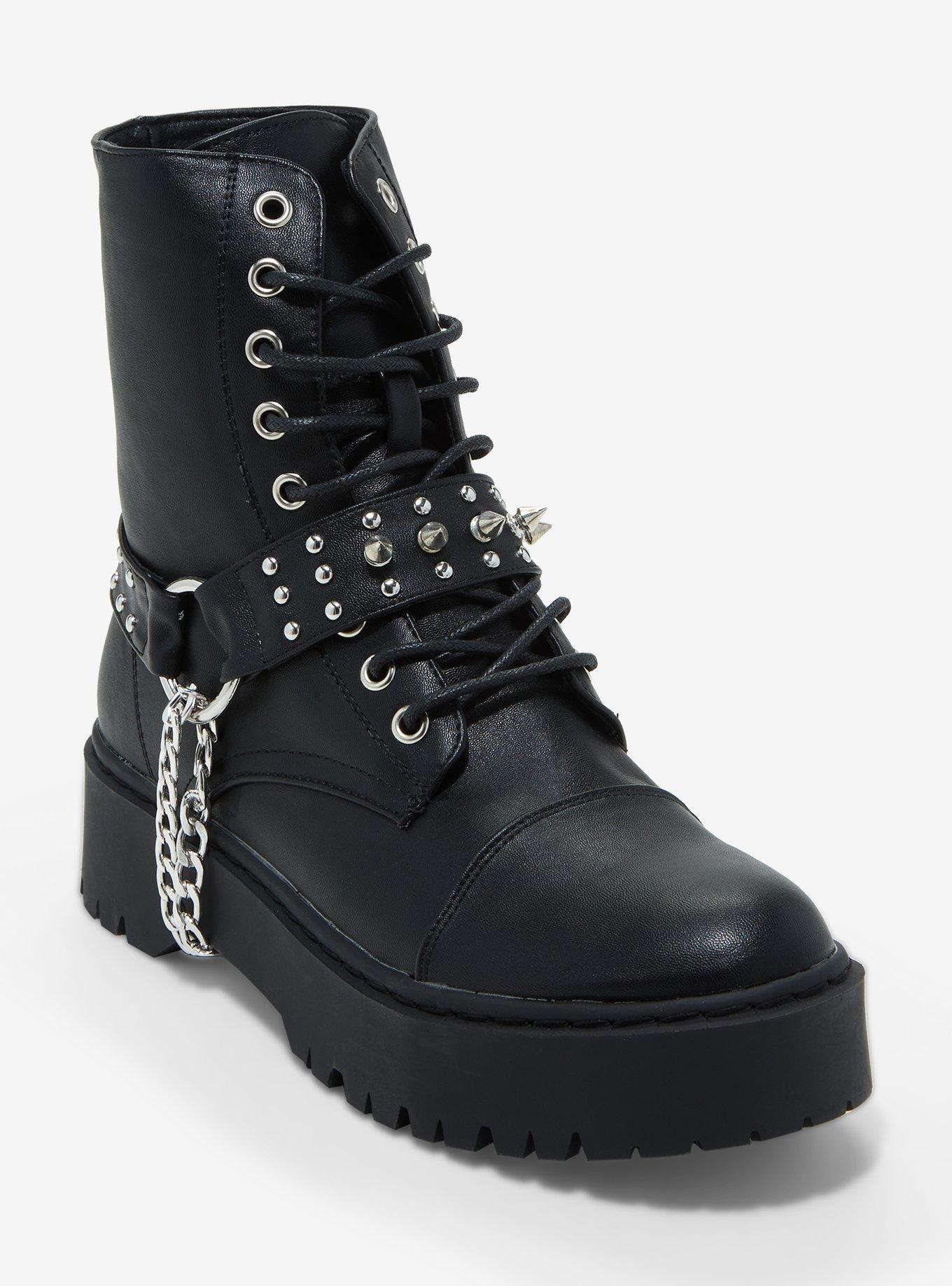 Black Spike & Chain Combat Boots | Hot Topic