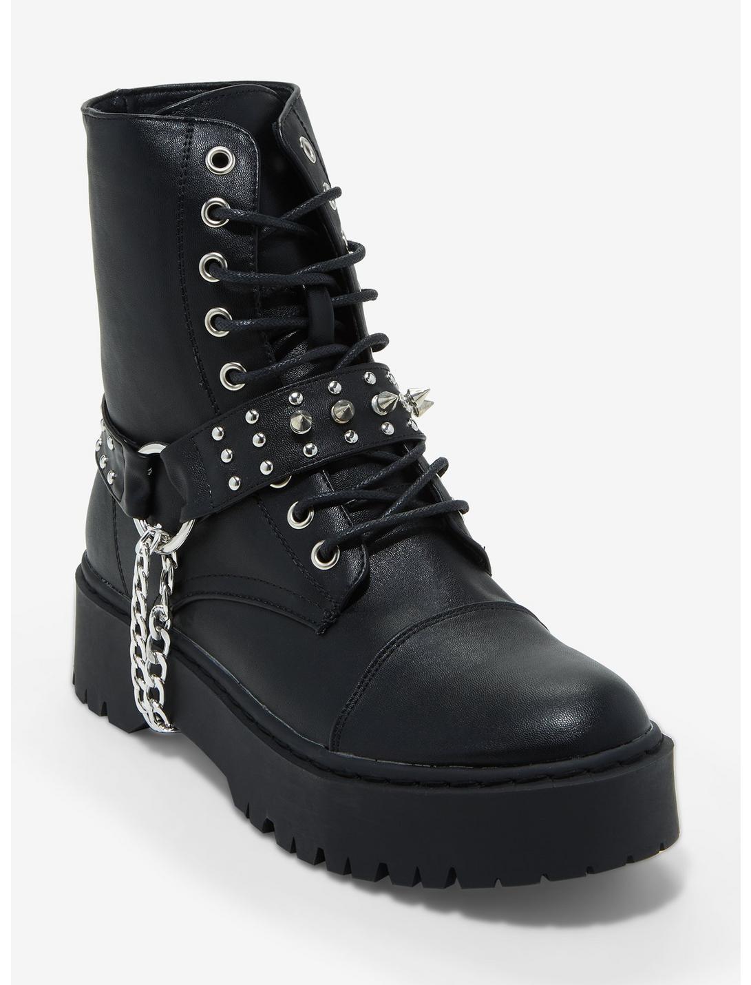 Black Spike & Chain Combat Boots | Hot Topic