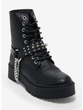 Plus Size Black Spike & Chain Combat Boots, , hi-res