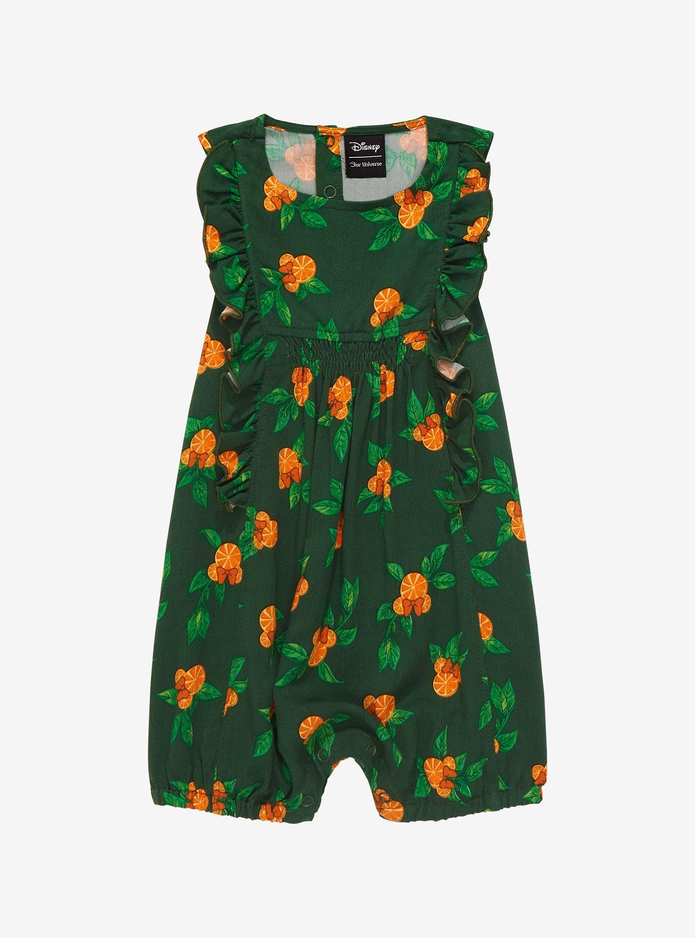 Our Universe Disney Minnie Mouse Orange Allover Print Ruffled Infant Romper - BoxLunch Exclusive, BLACK, hi-res