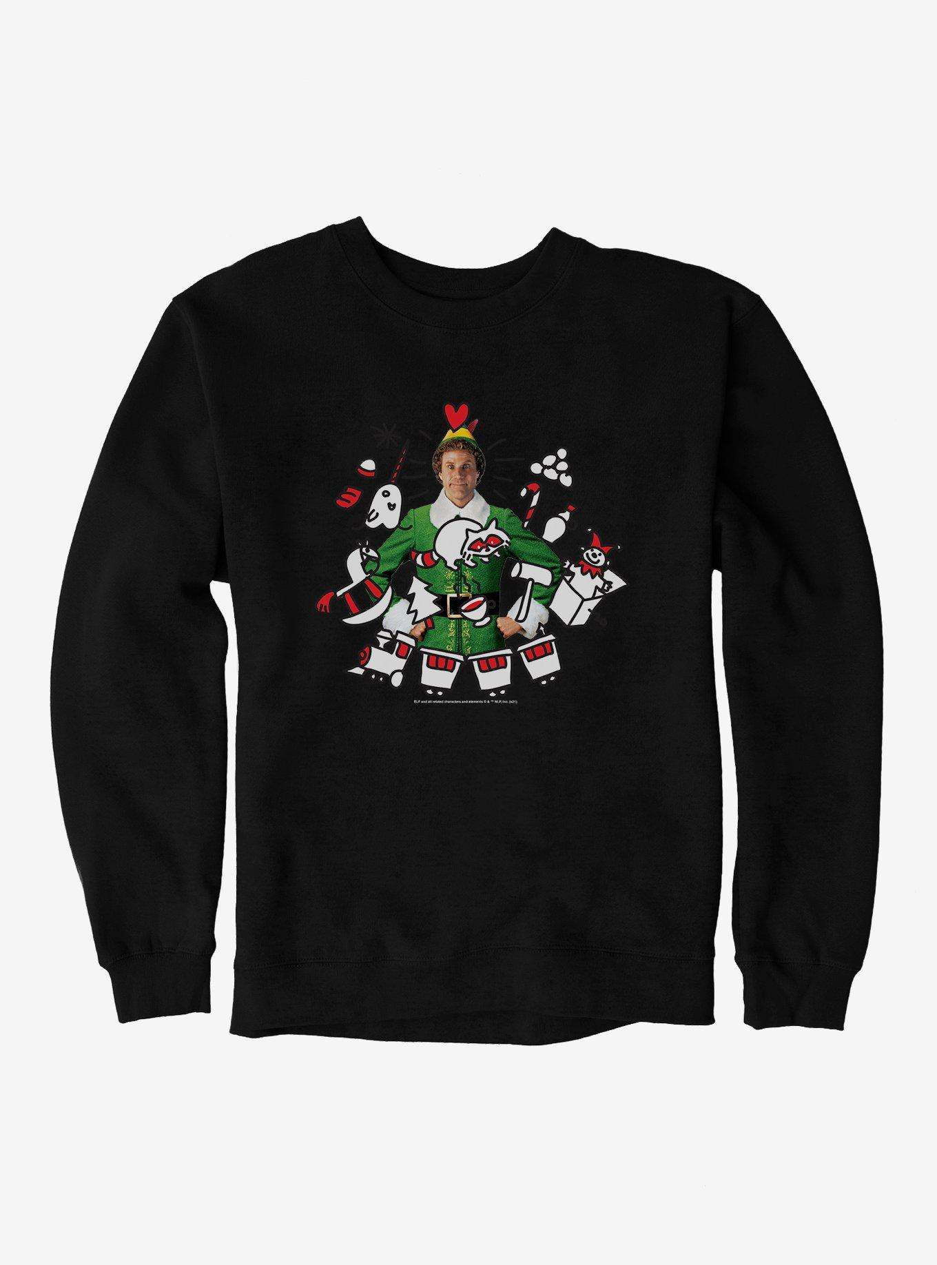 Elf Buddy With Holiday Icons Sweatshirt, BLACK, hi-res