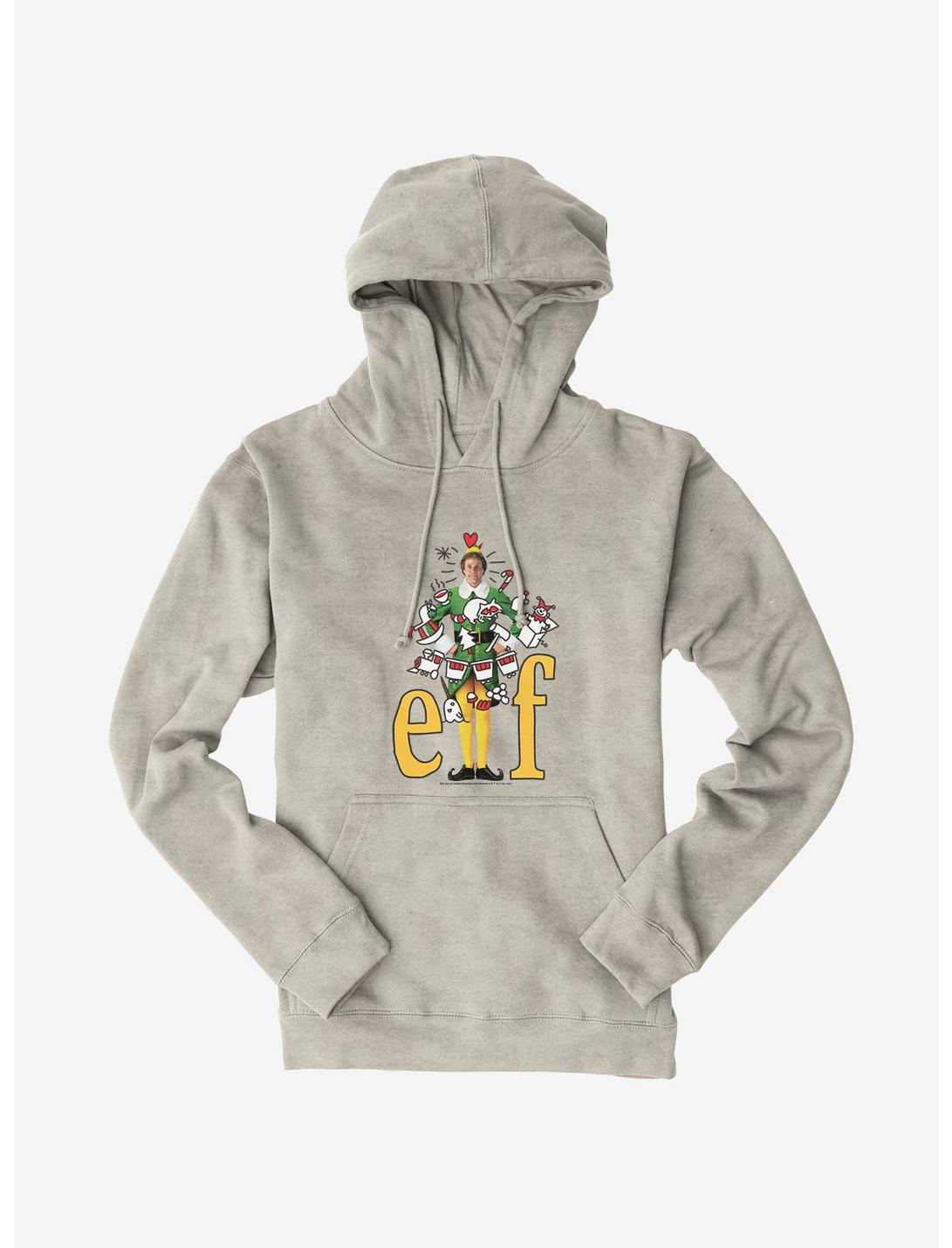 Elf Yellow Logo With Holiday Icons Hoodie, OATMEAL HEATHER, hi-res