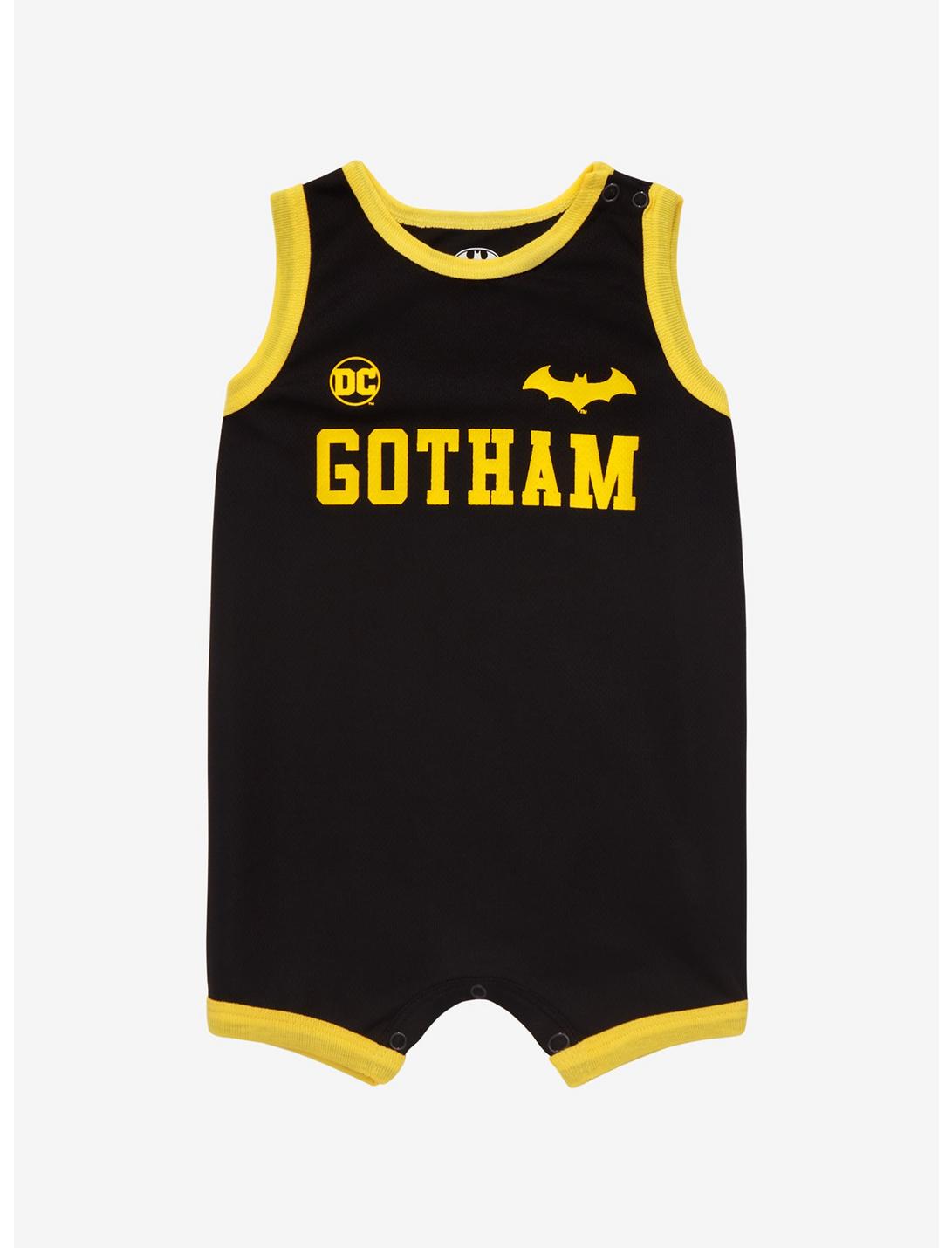 DC Comics Batman Gotham Infant Basketball Jersey Romper - BoxLunch Exclusive, BLACK, hi-res