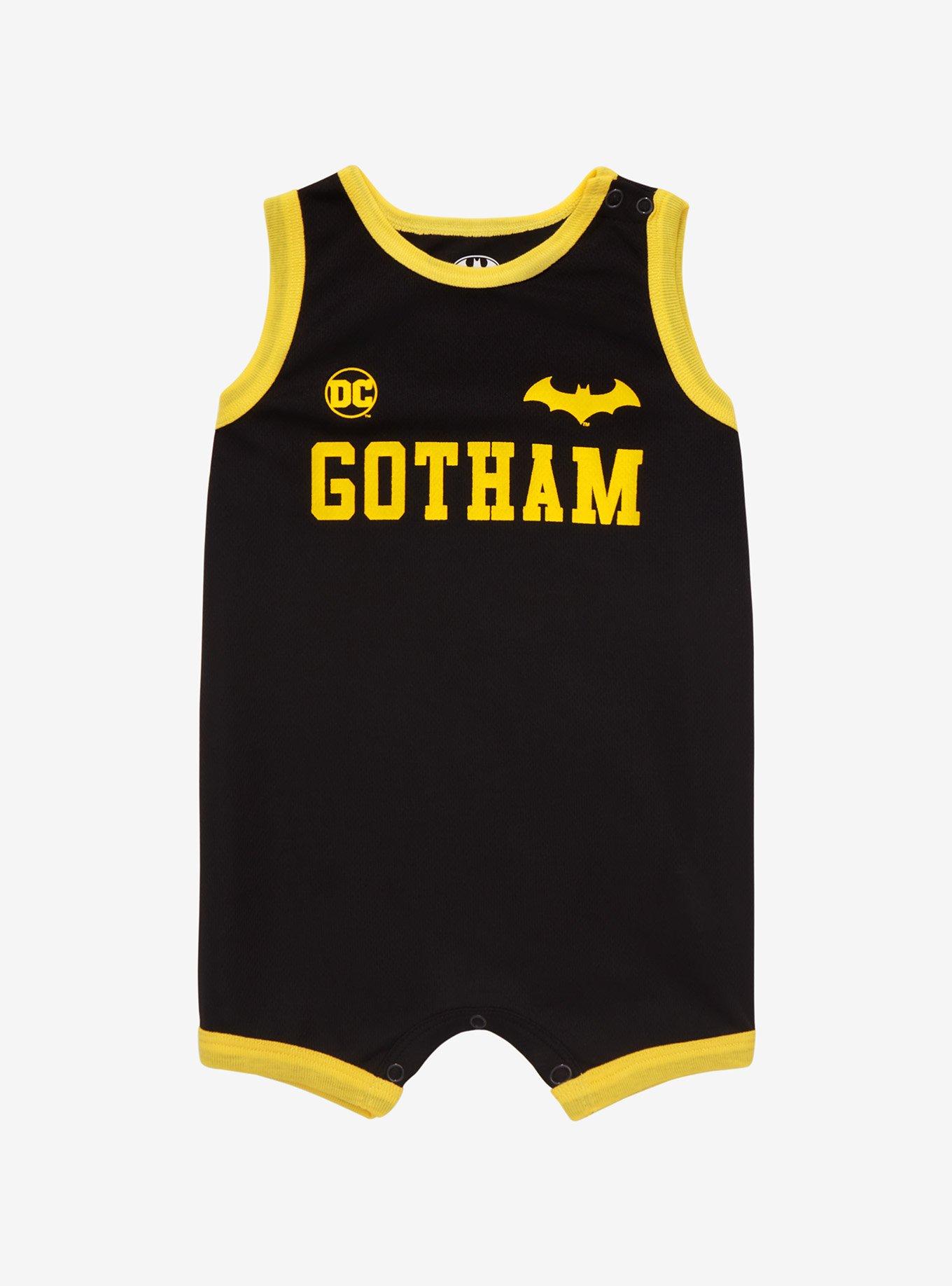DC Comics Batman Gotham Infant Basketball Jersey Romper - BoxLunch Exclusive, BLACK, hi-res