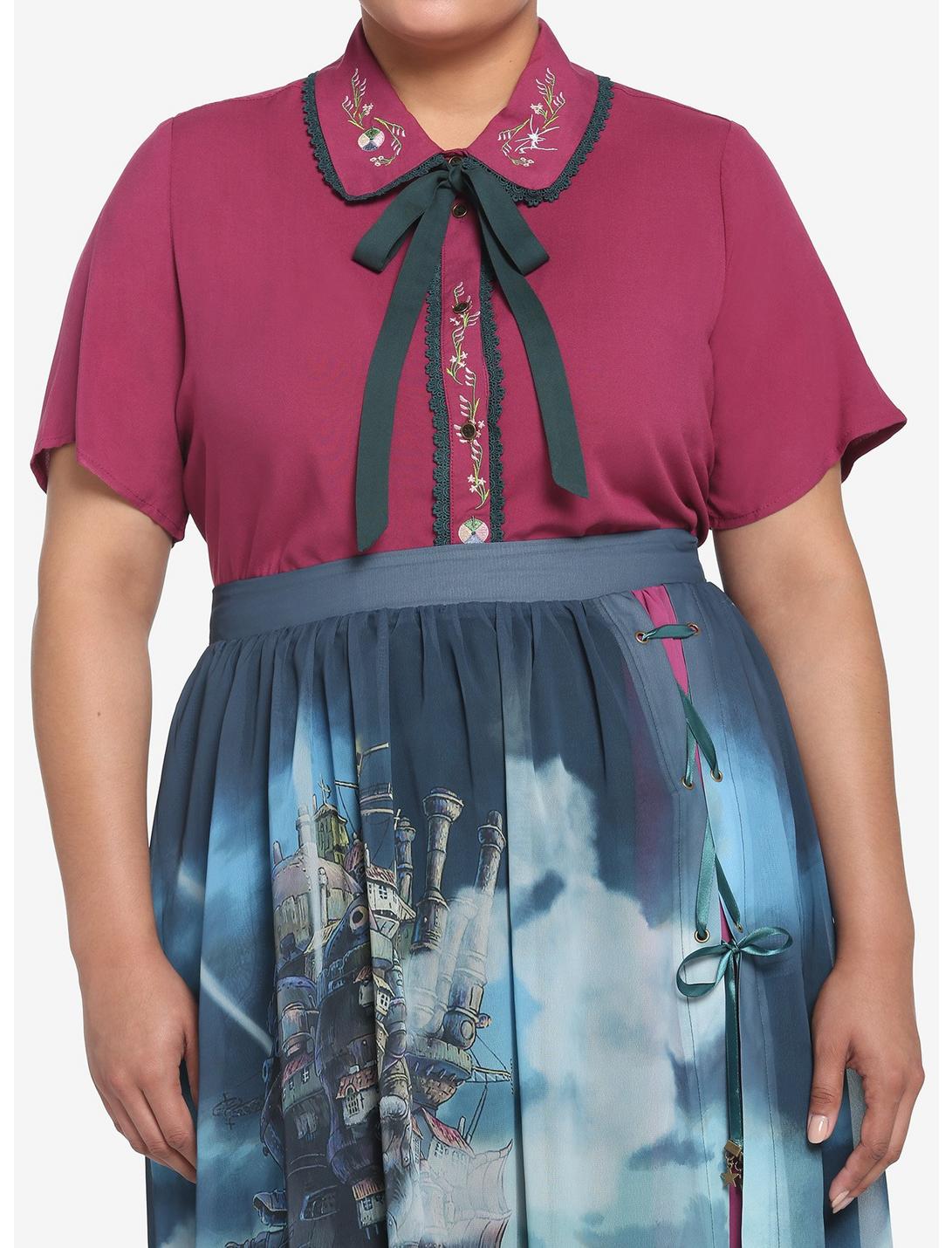 Her Universe Studio Ghibli Howl's Moving Castle Embroidered Girls Woven Button-Up Plus Size, BURGUNDY, hi-res