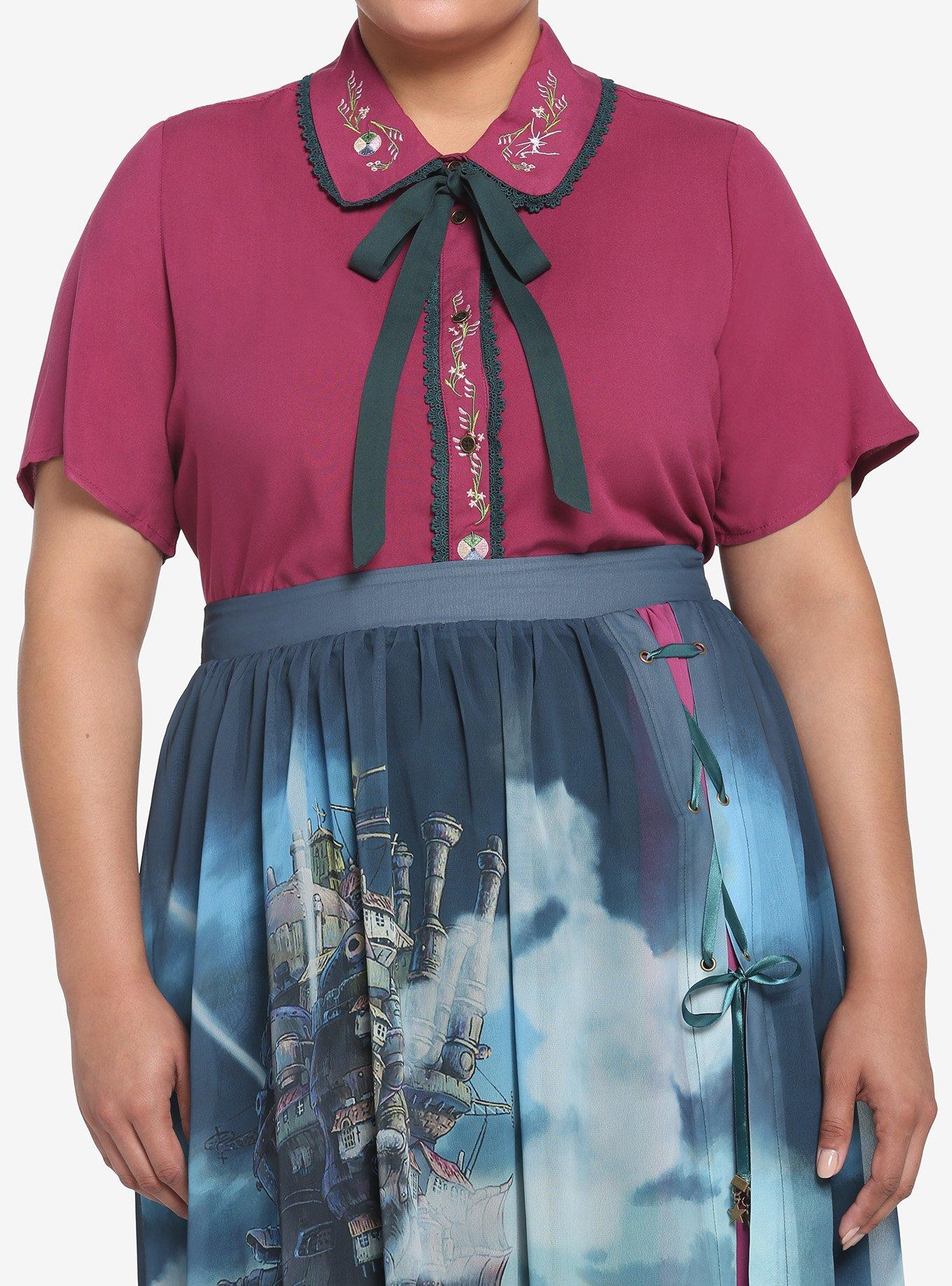 Her Universe Studio Ghibli Howl's Moving Castle Embroidered Girls Woven Button-Up Plus Size, BURGUNDY, hi-res