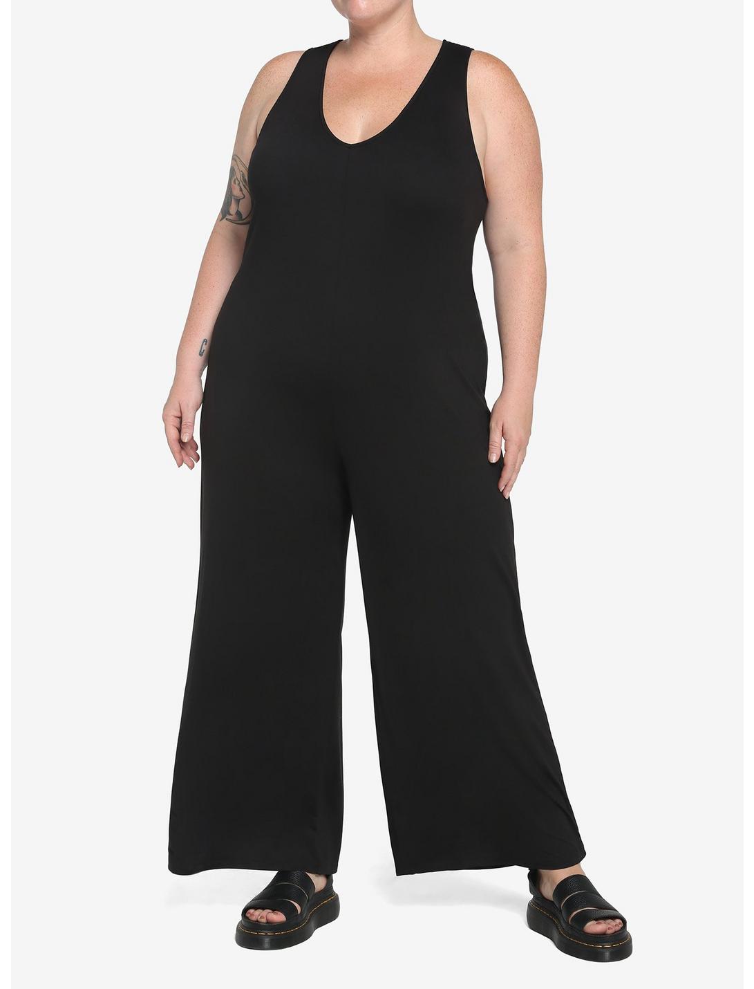Black V-Neck Jumpsuit Plus Size, BLACK, hi-res
