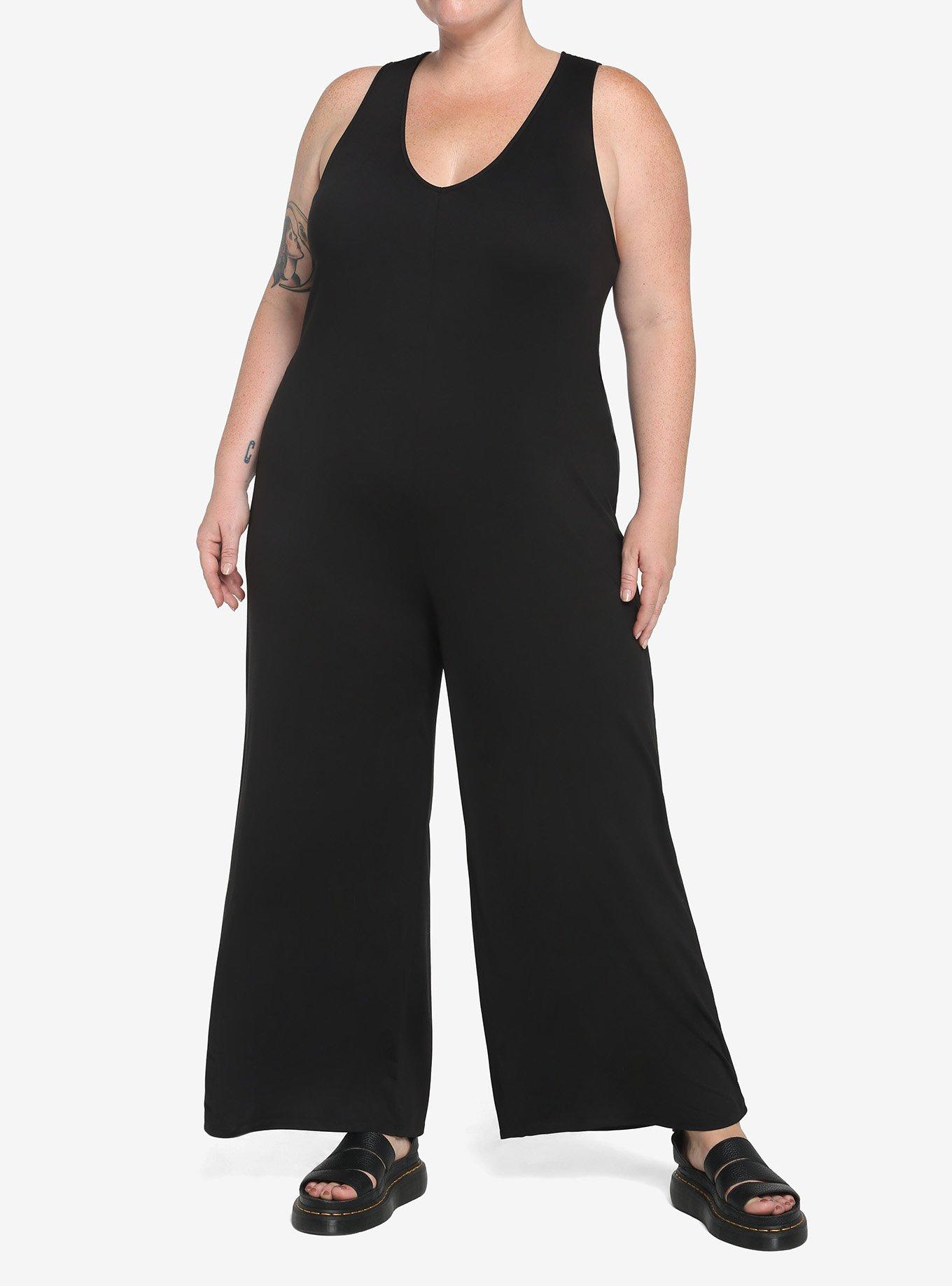 Black V-Neck Jumpsuit Plus Size, BLACK, hi-res