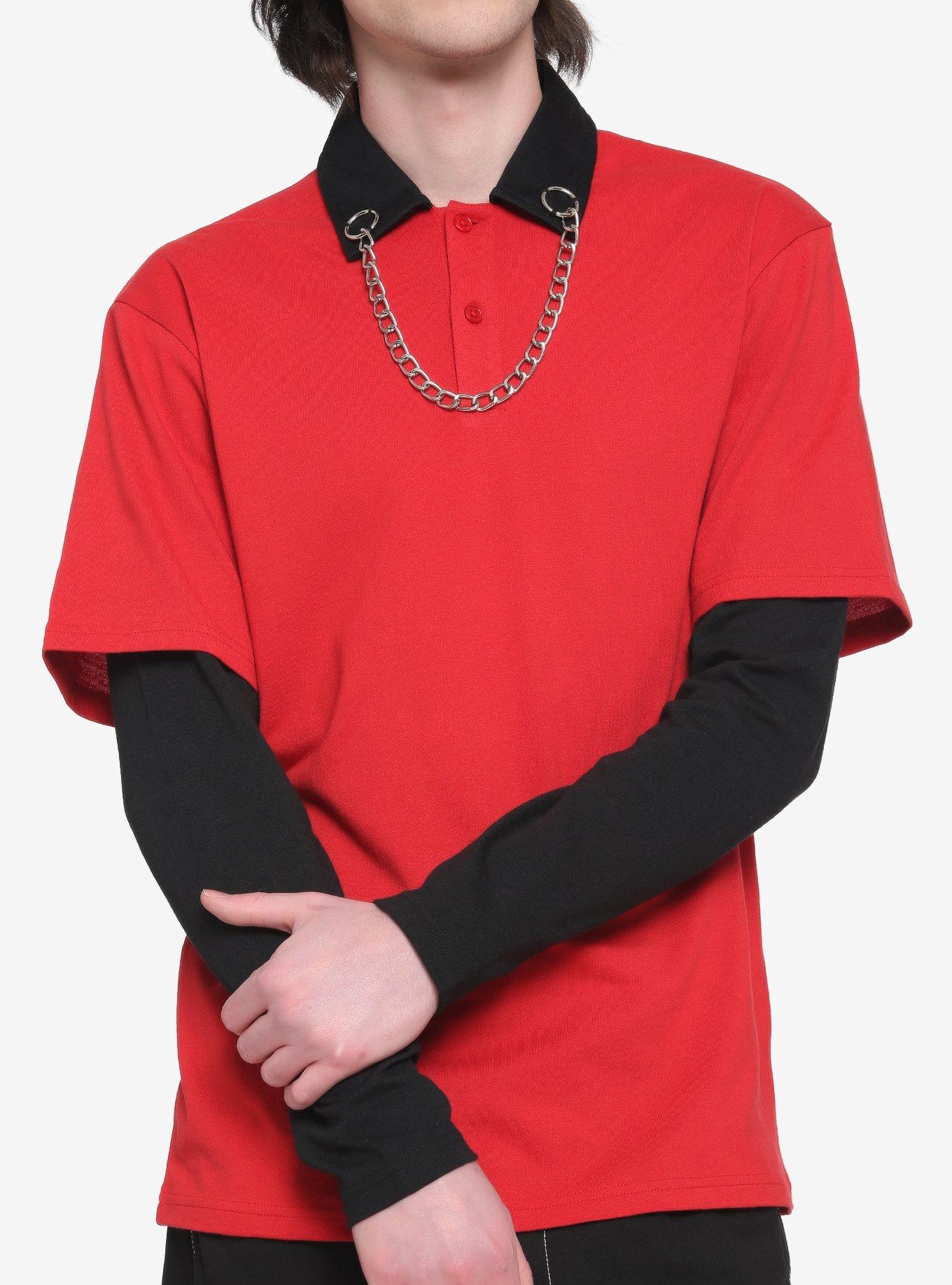 Red & Black Chain Collar Twofer Long-Sleeve Shirt, BLACK  RED, hi-res