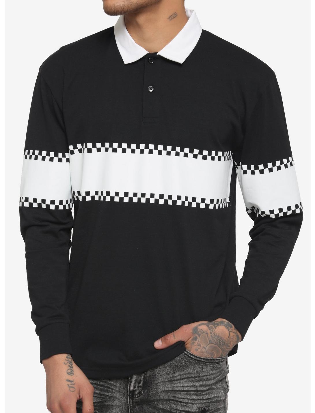 Black & White Checkered Stripe Long-Sleeve Polo, BLACK  WHITE, hi-res