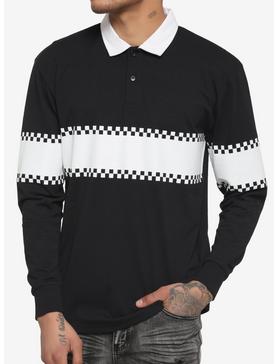 Black & White Checkered Stripe Long-Sleeve Polo, , hi-res