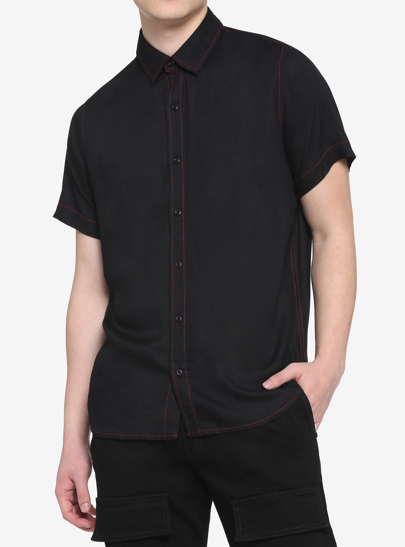 Black & Red Contrast Stitch Woven Button-Up, BLACK  RED, hi-res