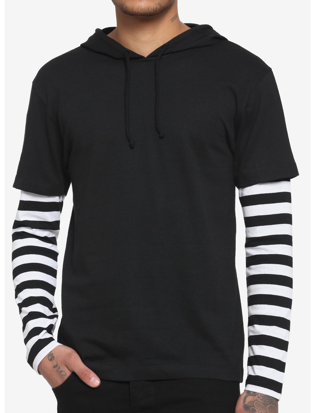 Black & White Stripe Twofer Hooded Long-Sleeve T-Shirt, BLACK  WHITE, hi-res