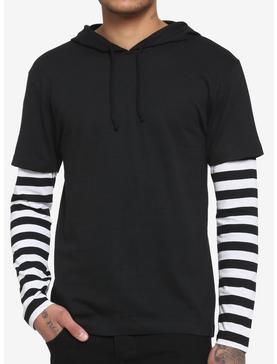 Black & White Stripe Twofer Hooded Long-Sleeve T-Shirt, , hi-res