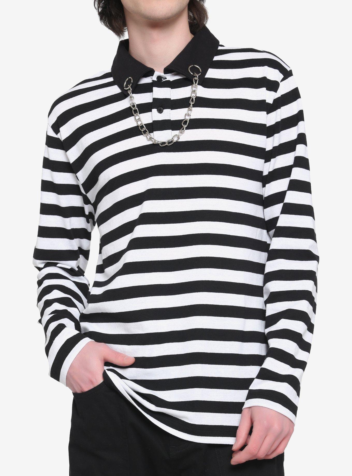 White & Black Stripe Chain Collar Long-Sleeve Polo Shirt