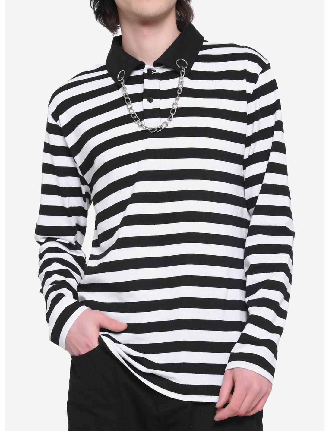 White & Black Stripe Chain Collar Long-Sleeve Polo Shirt, BLACK  WHITE, hi-res