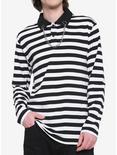 White & Black Stripe Chain Collar Long-Sleeve Polo Shirt, BLACK  WHITE, hi-res